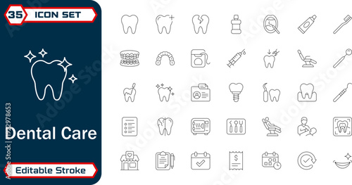 Dental care and oral hygiene editable stroke eps vector outline icons for dashboard and ui ux design