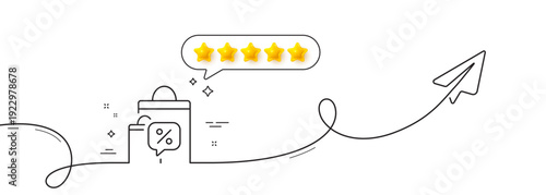 Discount bags line icon. Continuous line with share plane. Sale offer sign. Promotion price symbol. Five star rate review in speech bubble. Sale bags single line ribbon. Loop curve pattern. Vector
