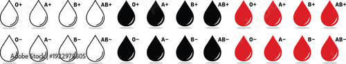 Set of blood type icons for medical use. All major positive and negative groups collection. Minimalist drop symbols represent healthcare donation and transfusion services isolated vector design.