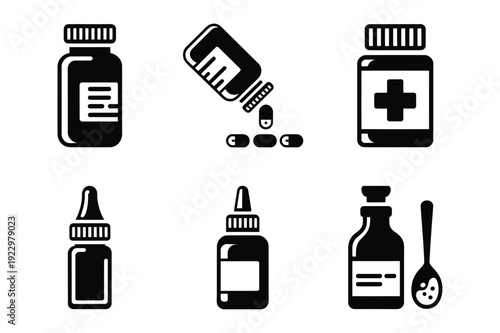 Medicine Icons: Pills, Bottles, Dropper, and Spoon