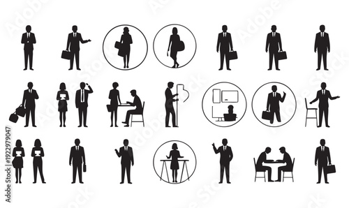 Set of black and white silhouettes of people in various business and professional situations