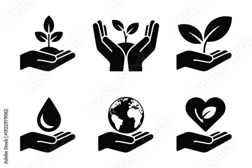 Hands protecting plant, globe, and water drop icons