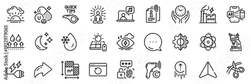 Attached info, Sunset and Biometric security line icons pack. Share, Message, Paper plane icons. Swipe up, Atom, Electricity plug web icon. Electricity factory, Yoga, Floor plan pictogram. Vector