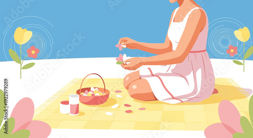 Woman Decorating with Flowers Picnic Blanket Spring Season