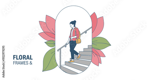 Woman Descending Stairs Amidst Delicate Floral Frame