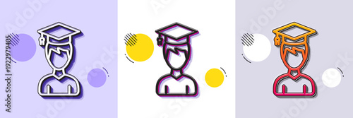 Man in Graduation cap line icon. Halftone dotted pattern. Gradient icon with grain shadow. Education sign. Student hat symbol. Line student icon. Various designs. Vector