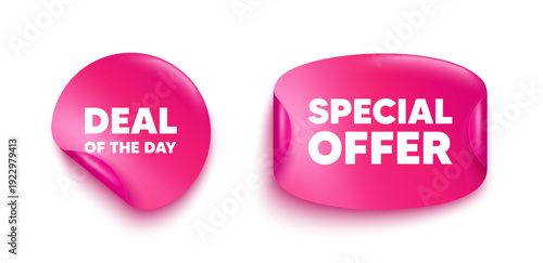 Day deal sticker banner. Paper price label. Deal of the day tag. Special offer price sign. Advertising discounts symbol. Paper sticker with message. Offer label banner. Vector