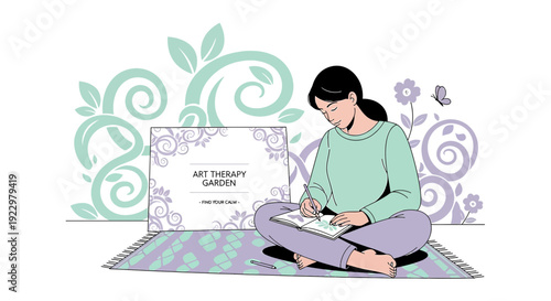 Woman Doing Art Therapy in a Garden Setting with Floral Swirls