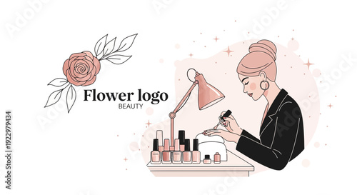Woman Doing Manicure, Nail Polish Bottles, Floral Logo, Beauty Salon, Pink Tones
