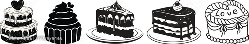 Vector set of black silhouettes featuring assorted slices of cake whole cakes and cupcakes with decorative frosting swirls.Collection of sweet desserts with whole cakes and individual slices. 