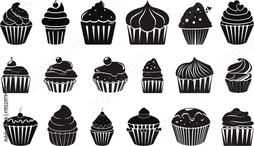 Vector set of black silhouettes featuring assorted slices of cake whole cakes and cupcakes with decorative frosting swirls.Collection of sweet desserts with whole cakes and individual slices. 