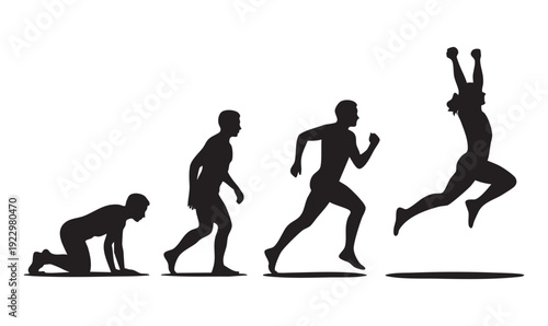 Evolution of man from crawling to running and jumping, showing progress and achievement