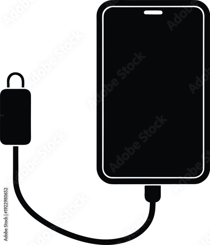 smartphone with charging cable silhouette vector art illustration, black and white design
