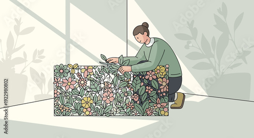 Woman Decorating Box with Floral Pattern, Creative DIY Crafting, Home Interior