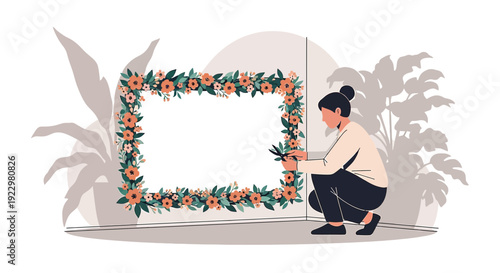 Woman Decorating Floral Frame with Flowers, Botanical Garden Decorating Concept