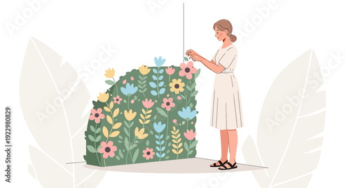 Woman Decorating Floral Hedge with Flowers - Spring Garden Illustration