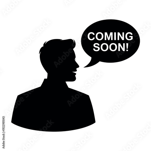Business silhouette announces upcoming product launch with a clear speech bubble message.