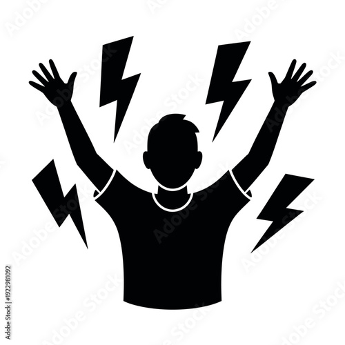 Silhouette of shocked man surrounded by lightning bolts signifies intense frustration.
