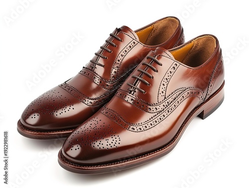 Polished brown leather oxford shoes with brogue detailing and formal classic style.