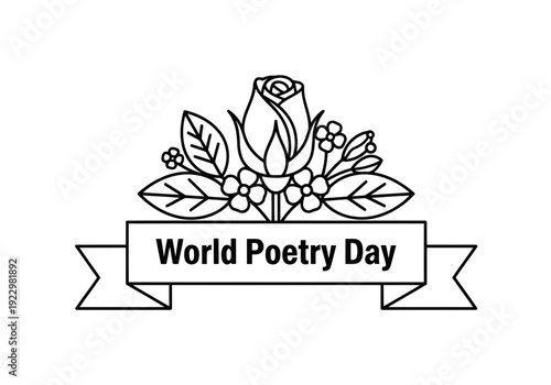 A nice black and white outlined world poetry day celebration with rose flower bouquet and banner perfect line art icon