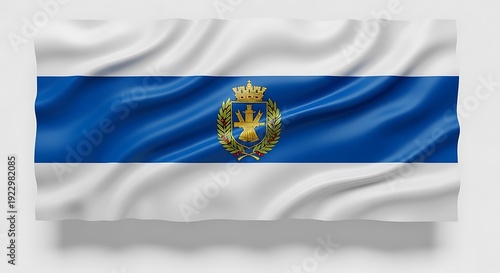 Flag of san marino with a blue stripe and gold emblem
