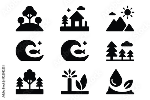Nature and environment icons: Trees, water, mountains, sun