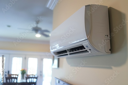 White air conditioner on wall in modern well lit living room at home with plants and large windows. Electronic device implementing air purification, microclimate and climate control