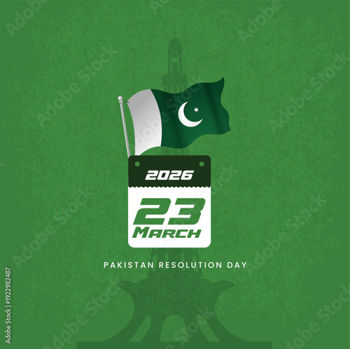 Pakistan Resolution Day 2026 vector illustration with national flag and calendar icon on green background