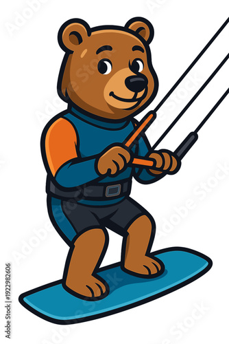 Bear enjoys kite surfing on a sunny beach while having fun in the water