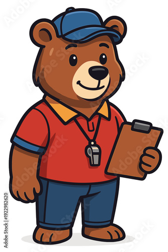 Cheerful cartoon bear in a red shirt with a clipboard and whistle in a coaching role