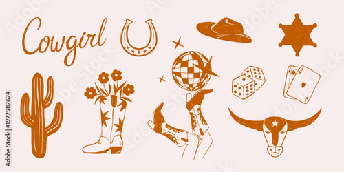 Hand drawn cowgirl western doodle set including cowboy boots, cactus, horseshoe, dice, playing cards and rodeo elements. Vector illustration. 