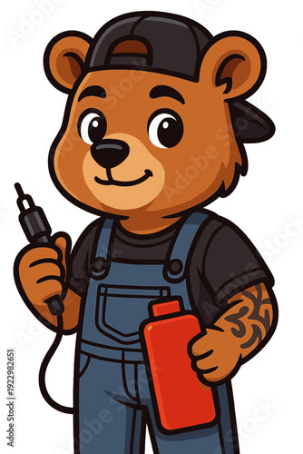 Cartoon bear character in blue overalls holds a tool and ketchup bottle in a playful pose