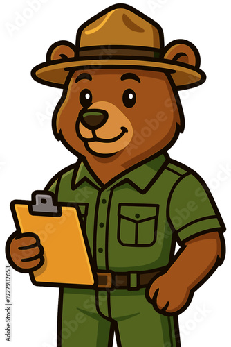 Friendly cartoon bear ranger holding a clipboard in a green uniform with a hat ready for park activities