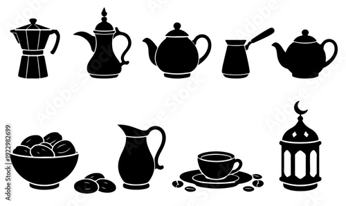 Arabic coffee and tea fill icon collection. Includes moka pot, dallah, teapot, cezve, coffee pot, dates, milk jug, cup, and lantern symbols. Ramadan solid black silhouette style 