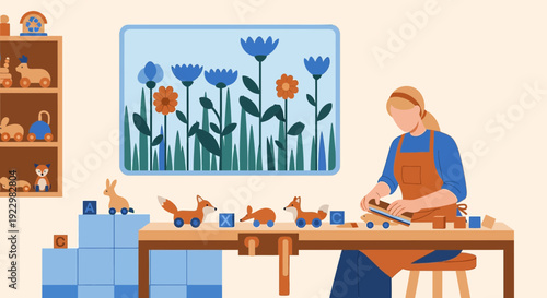 Woman Crafting Wooden Toys, Creative Hobby, Artisan Workshop, Children's Playroom