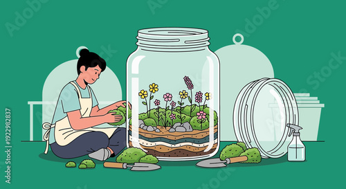 Woman creating a terrarium with flowers and plants in a jar, DIY hobby