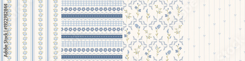 Set of cottagecore farmhouse style seamless patterns, digital papers, printable backgrounds with stripes, flowers, bows for kitchen and bedroom textiles, scrapbooking, stationery. 