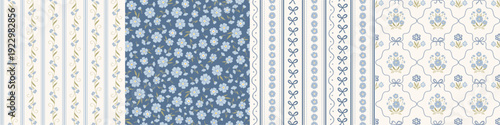 Set of cottagecore farmhouse style seamless patterns, digital papers, printable backgrounds with stripes, flowers, bows for kitchen and bedroom textiles, scrapbooking, stationery. 