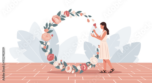 Woman Creating Floral Wreath with Flowers and Leaves, Artistic Design