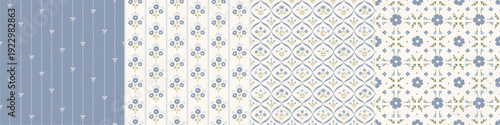 Set of cottagecore farmhouse style seamless patterns, digital papers, printable backgrounds with stripes, flowers, bows for kitchen and bedroom textiles, scrapbooking, stationery. 