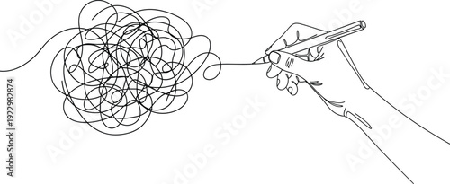 Continuous line drawing of hand creating messy scribble chaos concept mental confusion stress minimalist vector illustration isolated background