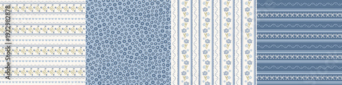 Set of cottagecore farmhouse style seamless patterns, digital papers, printable backgrounds with stripes, flowers, bows for kitchen and bedroom textiles, scrapbooking, stationery. 
