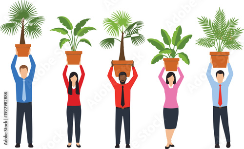 Business team holding potted plants above heads environmental sustainability teamwork concept flat vector illustration isolated on white background design