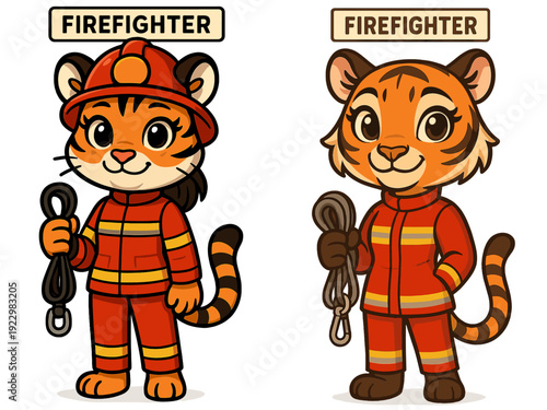 Firefighters in vibrant uniforms holding rescue ropes, showcasing teamwork among animal characters