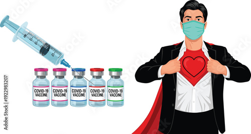 Healthcare superhero wearing face mask with heart symbol covid 19 vaccine vials and syringe immunization concept flat vector illustration