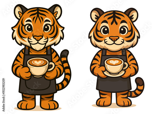 Two cute cartoon tigers holding cups of coffee in black aprons at a cozy cafe setting