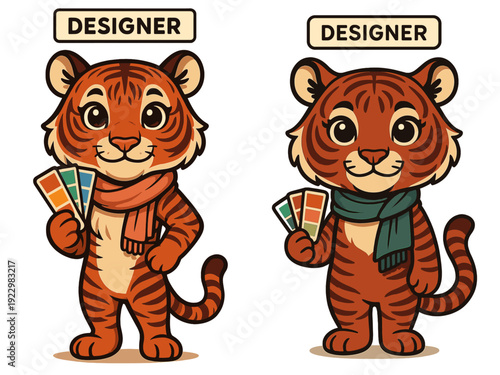 Creative tigers showcasing color palettes in a playful design setting