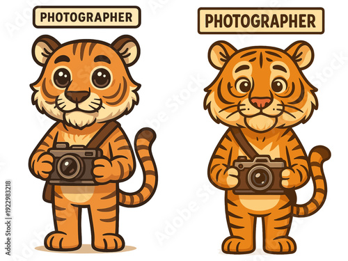 Cartoon tigers holding cameras and smiling in a fun, playful scene