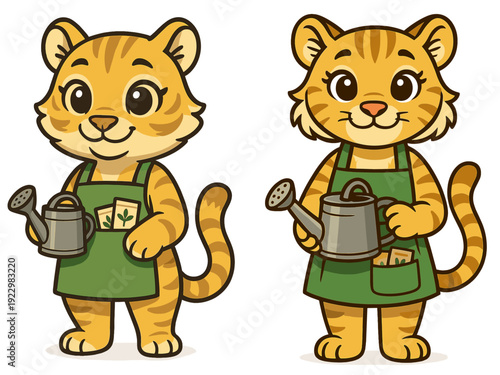 Cute cartoon tiger characters wearing green aprons and holding watering cans in a playful garden scene
