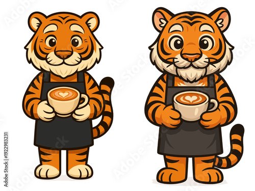Cute cartoon tigers in aprons holding coffee cups in a cozy cafe setting